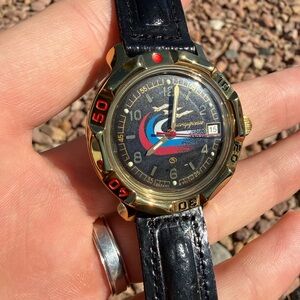 NIB Mechanical Vostok Komandirskie Gold-Tone Black Dial Wristwatch